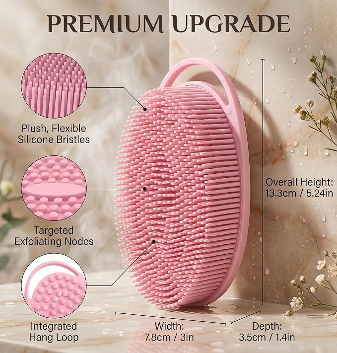 Silicone Body Scrubber 3-Pack – 2-in-1 Shower Exfoliating Brush with Handle, Gentle & Durable Loofah Alternative – Black, Green, Pink