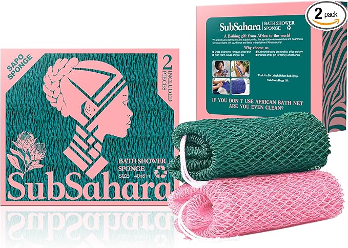 SubSahara Authentic African Net Sponge, 2 Pack 45-Inch Exfoliating Bath Sponge and Shower Loofah for Body and Back, Colorfast Quick-Dry Knotted Mesh Scrubber with Travel Pouch (Ligh Pink & Teal)