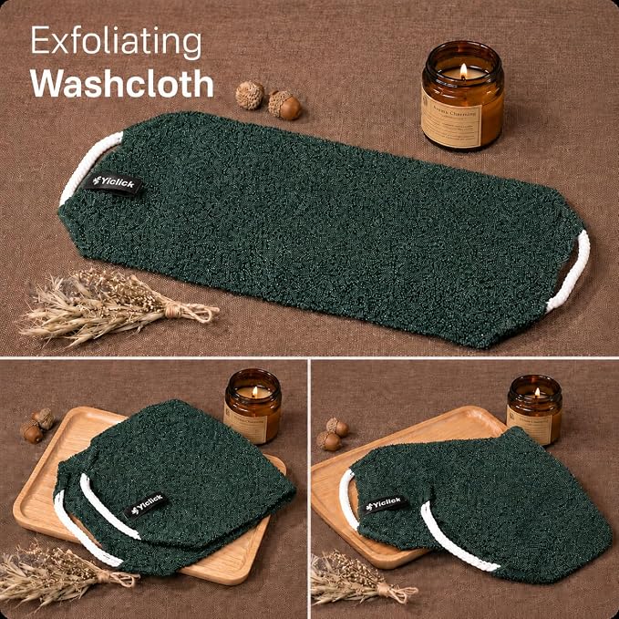 Yiclick Exfoliating Washcloth Towel with Handle, Back Scrubber for Shower, Exfoliating Body Scrubber Exfoliator, Japanese Wash Cloth for Body Scrub, Bath Sponge Loofah Luffa Washer Exfoliator