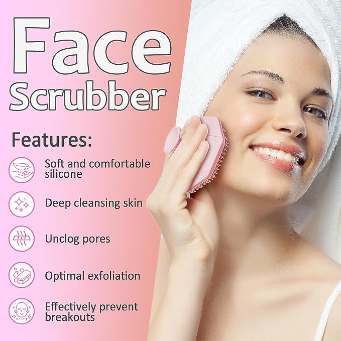 3 Soft Silicone Skin Scrubbers - Body Scrubber Exfoliating Brush Bath Shower Tool, with Gentle Manual Face Cleansing Wash Scrubber, with Hair Scalp Massager Shampoo Brush (Pink)