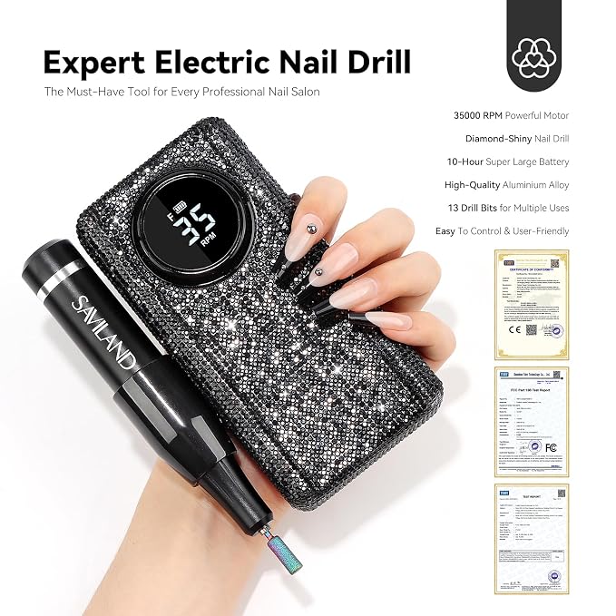 SAVILAND Portable Electric Nail Drill 35000RPM for Professional Nail Techs | Low noise, Fast acrylic removal, Large battery, Nail file tool, Manicure pedicure, Home salon & nail art application