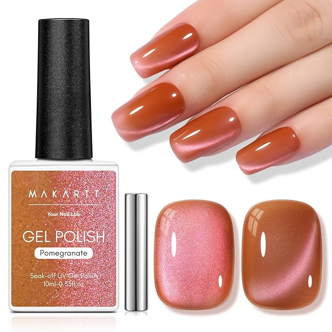 Makartt Cat Eye Gel Nail Polish - 10ml Romantic Holographic Fruit Gel Nail Polish with Magnet Stick, Glitter, UV/LED Curing Salon Home DIY Manicure - Pomegranate