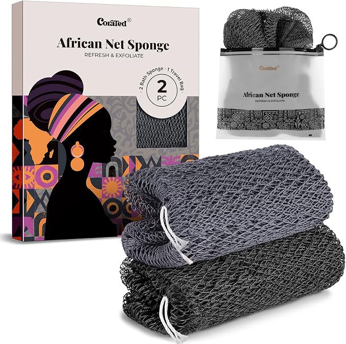CORATED African Net Sponge Authentic, Shower Net with Knots Bath Sponge | Exfoliating Loofah Body Scrubber for Women Daily Use Body Care, Travel Portable Bath Accessories for Bathroom