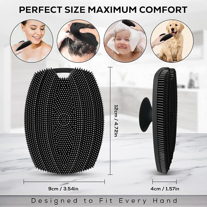 Silicone Body Scrubber — Suction Cup Mount & Hook, Gentle Exfoliating Shower Brush, Soft Loofah Alternative for Men, Women & All Skin Types — Graphite Black