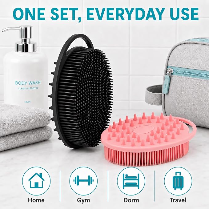 2 Pack Silicone Body Scrubber, Loofah Double-Sided Body Brush,Shower Scrubber and Scalp Massager Shampoo Brush for Sensitive Kids Women Men All Kinds of Skin (Black & Pink)
