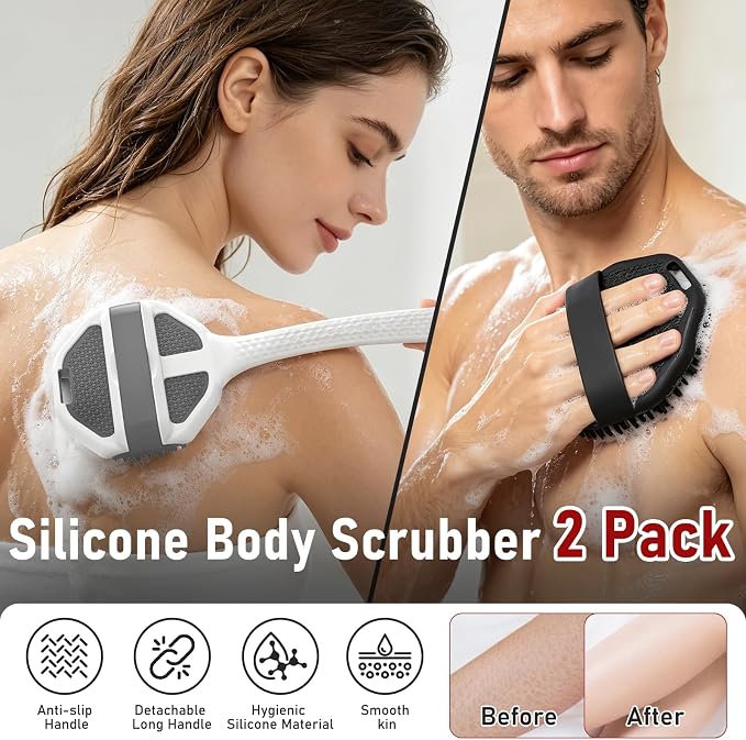 Back Scrubber for Shower 2 Pack, Silicone Scrub Brush with Long Handle & Unique Soft Body Scrubber, Detachable Body Brush Shower Lather Well Deep Clean Exfoliating for Women Men Sensitive Skin Bl&Gy