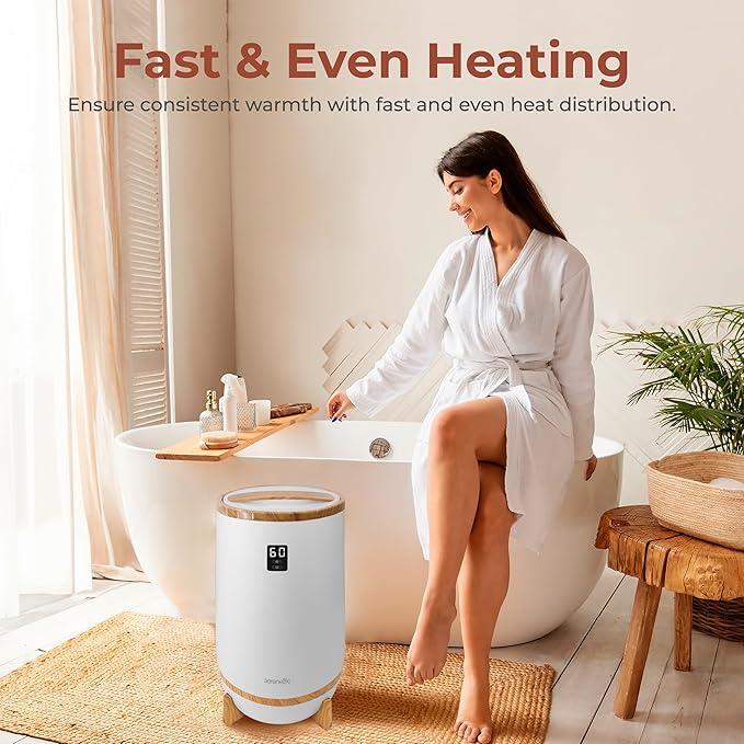 SereneLife Towel and Blanket Warmer - Single Touch Portable Towel Heater for Bathroom, Fragrant Disc Holder, LED Ring, 2 Large Towel Capacity, Built-in Timer (15-60 mins), Auto Shut-Off (White)