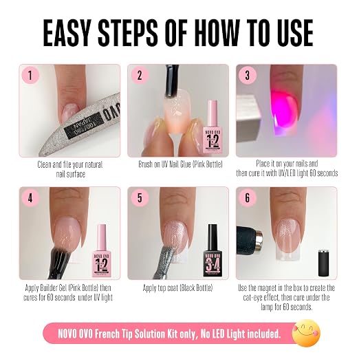 NOVO OVO UV Nail Glue (Also Work as Builder Gel) and Top Coat (with Cat Eye Effect) Kit, Hema TPO Free, Super Strong Adhesive for Press on Acrylic Nails, CatEye Gel Glitter Polish, Magnet Included