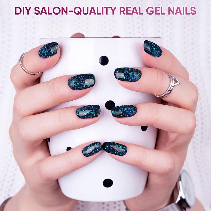 Semi Cured Gel Nail Strips, 22pcs UV Nails Polish Art Sticker, Nail Wraps with UV Light Required for Home Manicure DIY, Long Lasting, Easy Application & Removal, Salon Quality (Dark Sapphire 024)