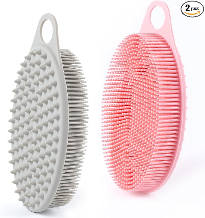 MtBoi 2 Pack Silicone Exfoliating Body Scrubber, Soft Silicone Loofah for Sensitive Skin, 2-in-1 Body Brush & Shower Head Massager, Easy to Clean, Rich Lather (Gray&Pink)