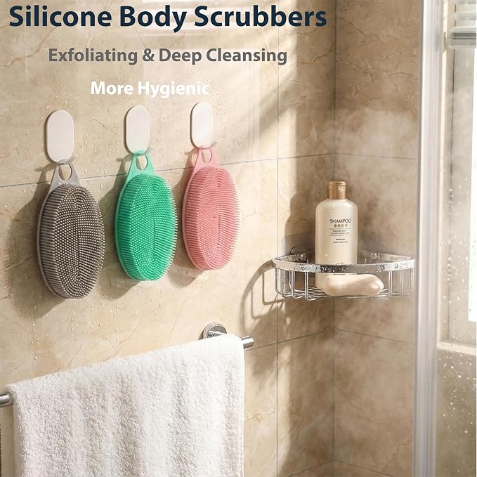 MtBoi 2 Pack Silicone Exfoliating Body Scrubber, Soft Silicone Loofah for Sensitive Skin, 2-in-1 Body Brush & Shower Head Massager, Easy to Clean, Rich Lather (Gray&Green)