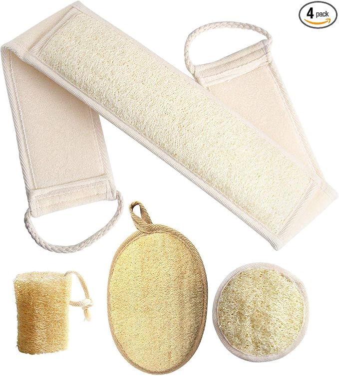 FEBSNOW Natural Loofah Body Scrubber 4Pcs Exfoliating Shower Bath Sponges | Natural Luffa Material, Women and Men Deep Clean Skincare, Exfoliating Back and Face Scrubber Pad