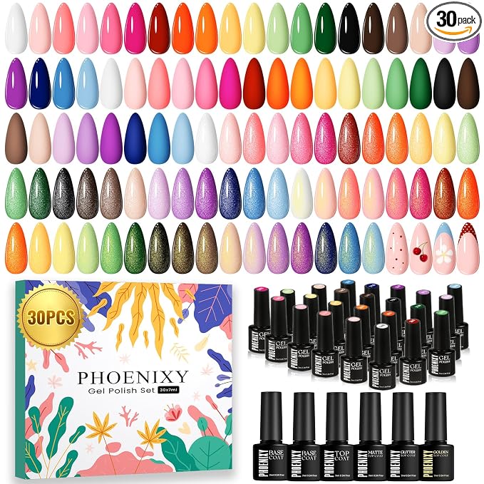 phoenixy 30pcs Gel Nail Polish Set - 24 Colors Gel Polish Set with 2pcs Base & 4 Effects Top Coat Glitter Pink White Black Red Purple Blue Yellow Green Uv Gel Colors DIY Gifts for Women Girls PCG9007