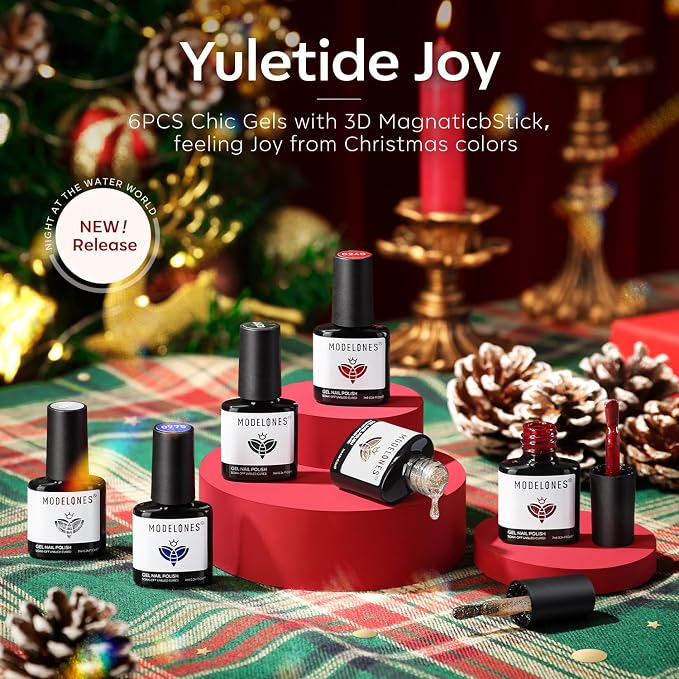 modelones Cat Eye Gel Nail Polish Set Glitter Red Blue Dark Green Christmas