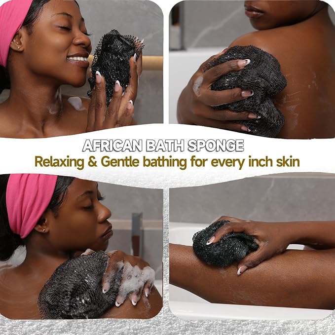 SubSahara Authentic African Net Sponge, 2 Pack 45-Inch Exfoliating Bath Sponge and Shower Loofah for Body and Back, Colorfast Quick-Dry Knotted Mesh Scrubber with Travel Pouch (Black & Grey)