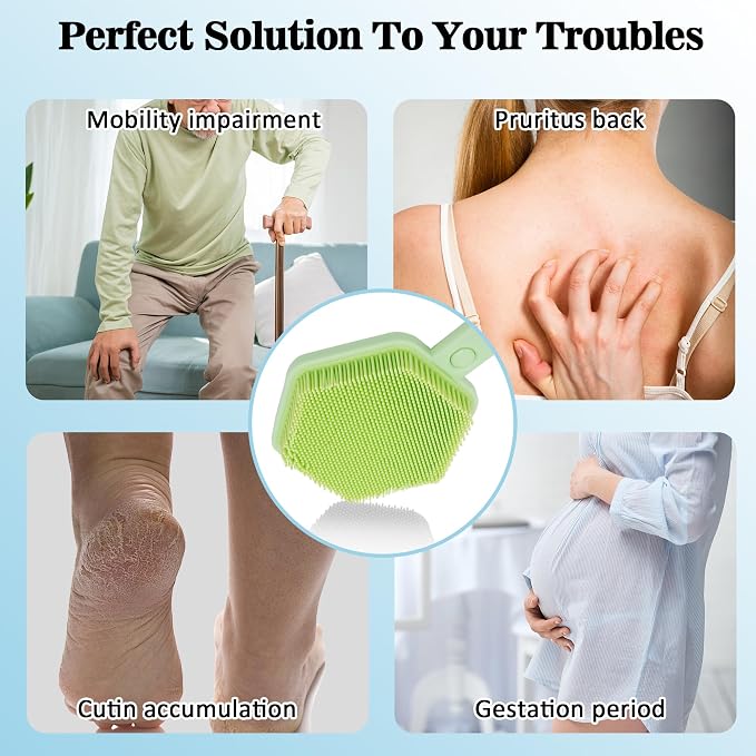 Silicone Back Scrubber for Shower with 21" Extendable Handle-Dual-Sided Long Handle Bath Brush for Exfoliating & Massage–Non-Slip Grip, Gentle&Deep Cleansing Body Brush for Men, Women, Seniors (Green)