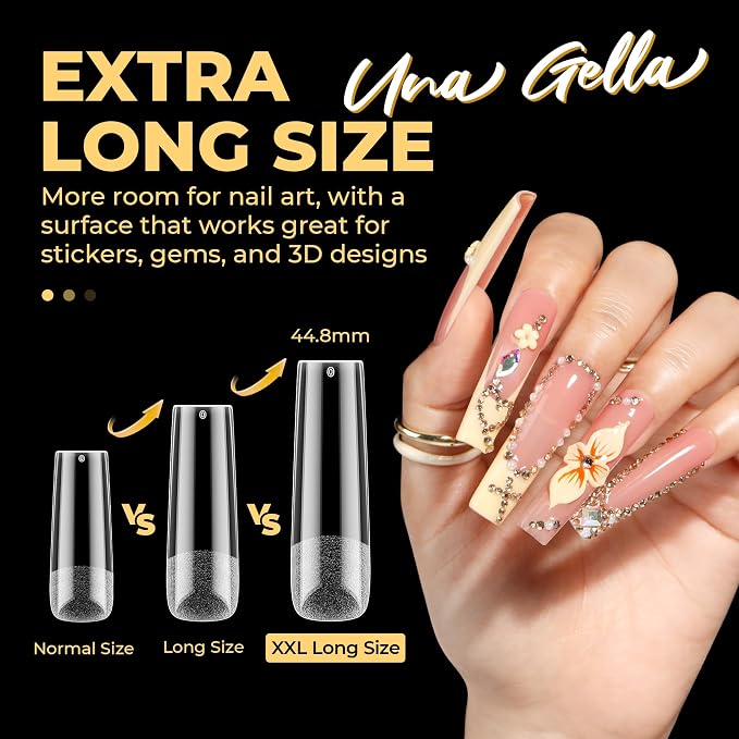 UNA GELLA Extra Long Sqaure Nail Tips, No C Curve Gel Nail Tips Square | Pre Etched XXL Long Straight Press on Nails Clear Acrylic Full Cover for Nails Extension Art DIY Salon 120Pcs 12 Sizes