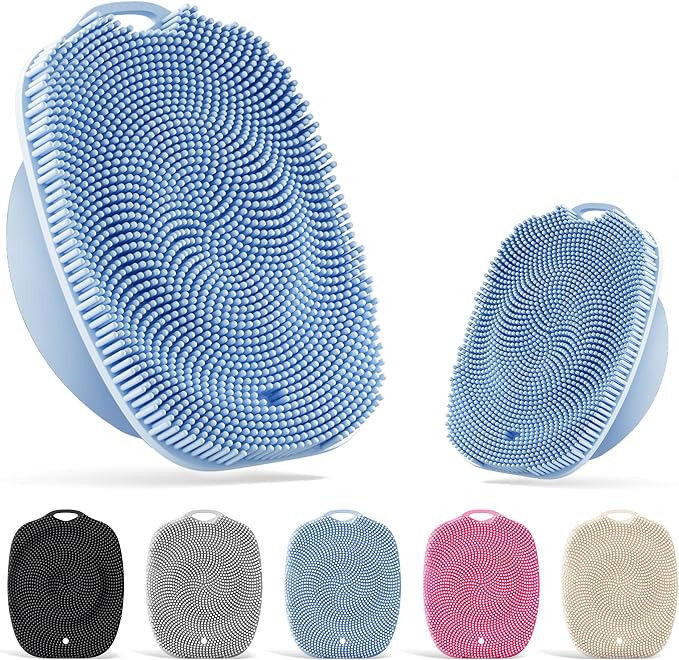 Soft Silicone Body Scrubber, Face Scrubber Silicone, Gentle Texture Exfoliating Body Scrubber for Men and Women On Sensitive Skin, Back Large Suction Cup for Easy Dry and Store (Blue)