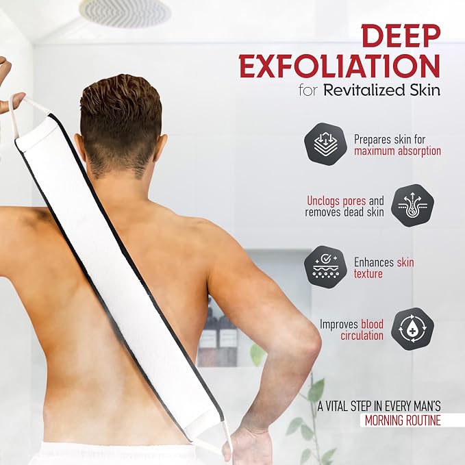 ALMOONI Men's Back Scrubber for Shower, Loofah Sponge, Black, 1 Count | Natural Egyptian Loofah Sponge, Long Back Scrubber, Cotton Handles, Men's Shower Scrubber, Gentle Exfoliation