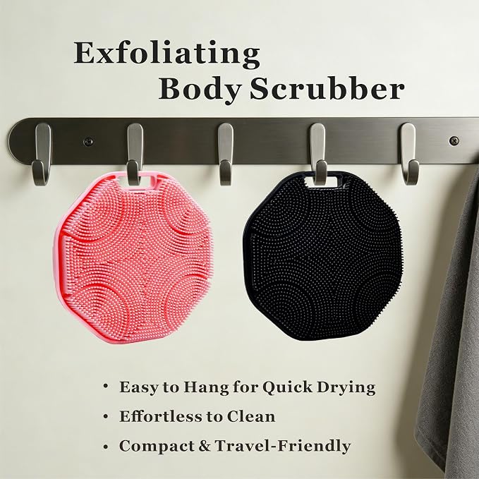 Silicone Body Scrubber 2-Pack, Shower Scrubber with Soft Bristles | 100% Silicone, Soft Bristles, Hole for Hanging, Anti-Slip Strap, Gentle Exfoliating, Lather Well, Sensitive-skin safe