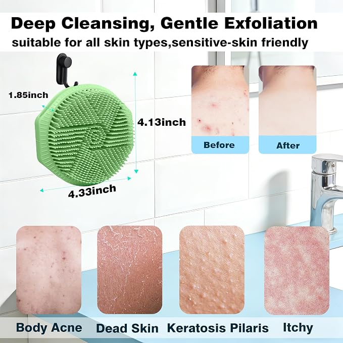 Silicone Body Scrubber for Men Women, Dual-Sided Bath Brushes Gentle Exfoliating Body Scrubber Scalp Massager for Deep Cleansing, Soft Silicone Loofah Body Washing Brushes (Gray+Green)