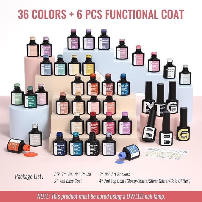 PHOENIXY 44 Pcs Gel Nail Polish Set, 36 Colors Gel Polish with Base Coat & 4 Effects Top Coat Full-Color Nail Polish Set All Seasons Nail Kit Gifts for Women Girls Nail Salon at Home