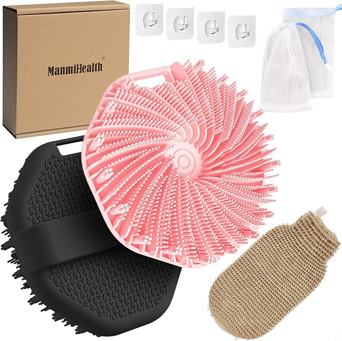 Manmihealth 5 PCS Silicone Body Scrubber Shower Mitt with Soap Bag Set | Upgrade Super-Exfoliating Shower Scrubber with Non-Slip Hand Strap, Silicone Body Buffer Shower Brush (Black+Pink)