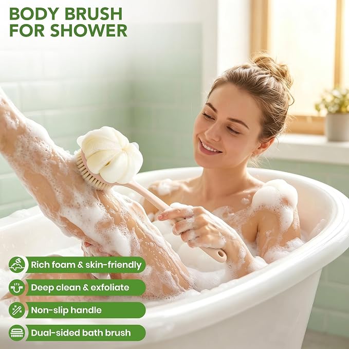 Back Scrubber for Shower, 15.7" Loofah with Handle, Back Shower Brush with Bristles and Loofah, Dry Brushing Body Brush for Cleanse Back and Hard to Reach Areas with Curved Long Handle, Pink