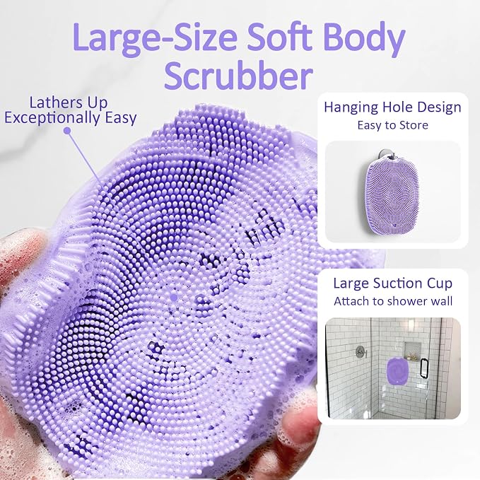 Soft Silicone Body Scrubber, Gentle Like a Hand Exfoliating Your Skin and Build Up Lather Easily, Back Large Suction Cup Easy to Store, Long-Lasting & Deep Clean (Purple)