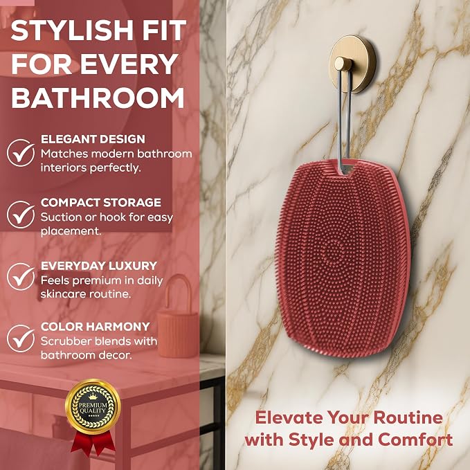 Silicone Body Scrubber — Suction Cup Mount & Hook, Gentle Exfoliating Shower Brush, Soft Loofah Alternative for Men, Women & All Skin Types — Dusty Pink