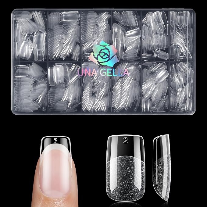 UNA GELLA 600Pcs Short Square Gel Nail Tips, Short Nail Tips Square | Pre Etched Soft Gel Press on Nails Full Cover No C Curve For Women Girl DIY French & Chrome Style Salon At Home 12 Sizes