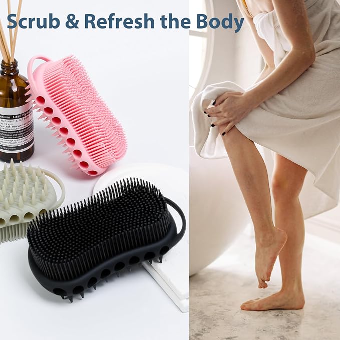 MtBoi Double-Sided Exfoliating Silicone Body Scrubber, 2-in-1 Bath Scrubber, Shampoo Brush, Silicone Loofah for All Skin Types, Shower Body Scrubber, Easy to Clean, Lather Well (Black)
