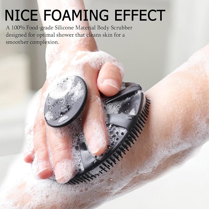 INNERNEED Food-Grade Soft Silicone Body Scrubber Shower Brush, Black+Gray | Handheld Cleansing Skin Brush, Gentle Exfoliating and Lather Well, Hygienic Bath Scrub for Women, Men