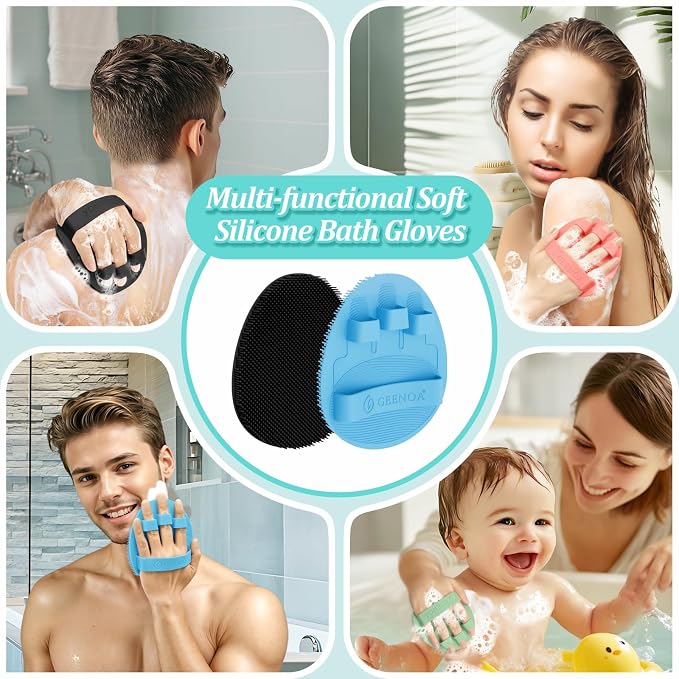 New Silicone Bath Glove with Straps, 360° Anti-Slip & Enlarged Exfoliating Body Scrubber for Rich Foaming Deep Cleaning, No-Grip & Hand-fit Shower Scrubber for All Skin Types(Black+Blue)