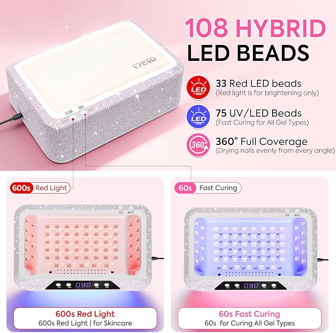 UV LED Nail Lamp, 120W UV Light for Gel Nails with Two-Hand Design | Fast Curing Professional Nail Dryer for Gel Polish, 108 Beads, Padded Wrist Rest, Sensor, 4 Timers for Fingernails & Toenails