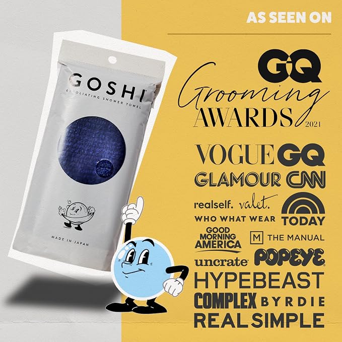 GOSHI Exfoliating Shower Towel - Long Body Scrubber, Blue | For back acne, KP & smooth skin, durable quick dry nylon washcloth, ethically crafted in Gunma, Japan