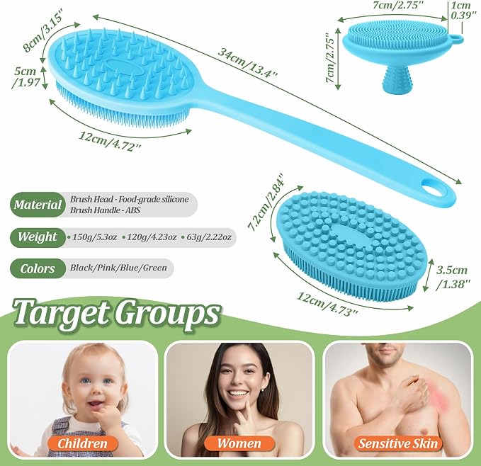 Silicone Face & Back Scrubber Set, Manual Face & Body Scrubber Exfoliator with Soft Bristles and Non-Slip Handle, Back Brush Bath Brush with 2 Detachable Brush Heads(3PCS Blue Set)