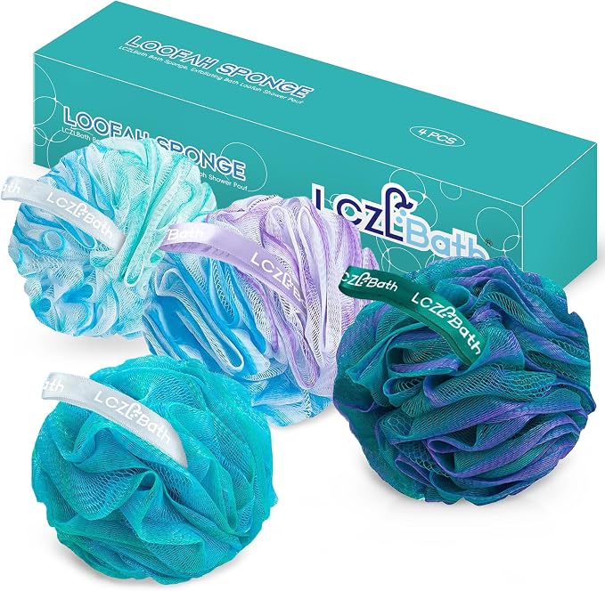 Shower Loofah 4PCS Soft Bath Body Sponge 60g Loofa Set Thick Wash Puffs for Women and Men (Purple-Blue-Green-Mixed)