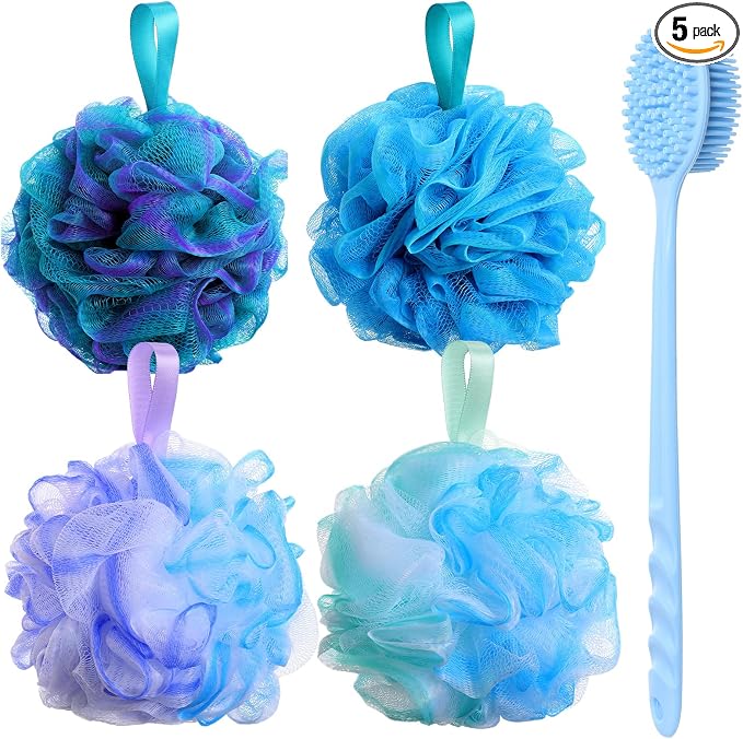 Qinyoung 4 Pcs Loofah Sponge with Soft Silicone Back Scrubber for Shower 15'' Long Handle Body Brush Exfoliating Bath Sponge for Women Men, Body Scrub, Shower Pouf Bath Accessories Soap, Blue