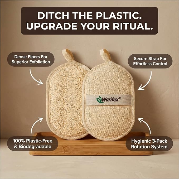 Waritex Organic Egyptian Loofah Oval Exfoliating Body Scrubbers [3 Pack] | Natural Loofah Shower Pads with Hand Strap for Gentle Skin Exfoliation, Smooth & Refreshing Skin, Face & Body Spa Experience