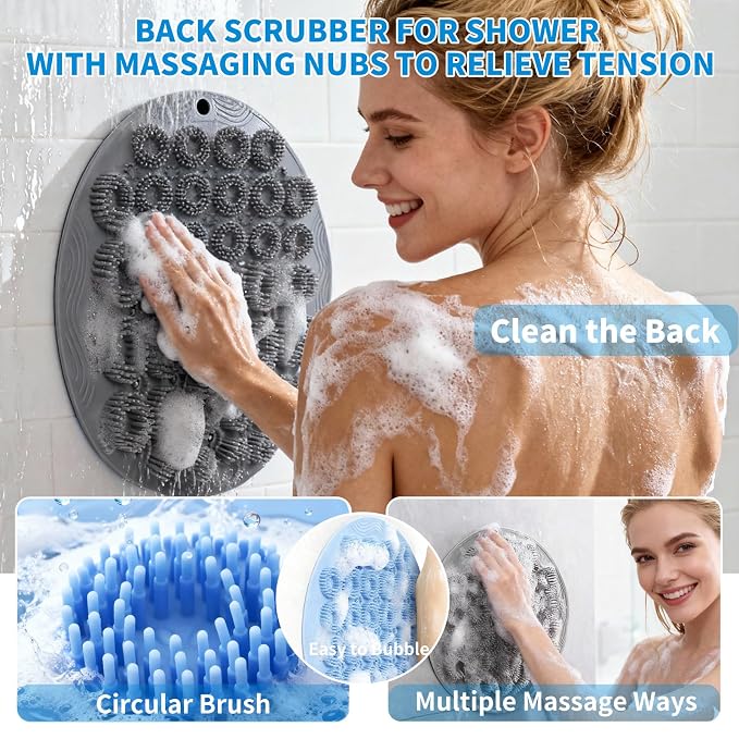 Shower Foot Scrubber Mat & Silicone Back Scrubber with Soft Silicone Bristles,Quick Drying Foot Scrubber in Shower,Deep-Cleaning Wall Mounted Back Scrubber Bath (Blue)