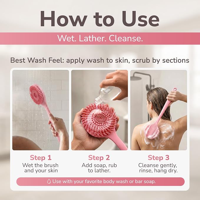 SILKLE Long Handle Back Scrubber for Shower - Silicone Body Scrubber & Bath Brush, 15 Inch Easy-Reach Handle, Foam-Focused Center, Exfoliating Bristles - Pink