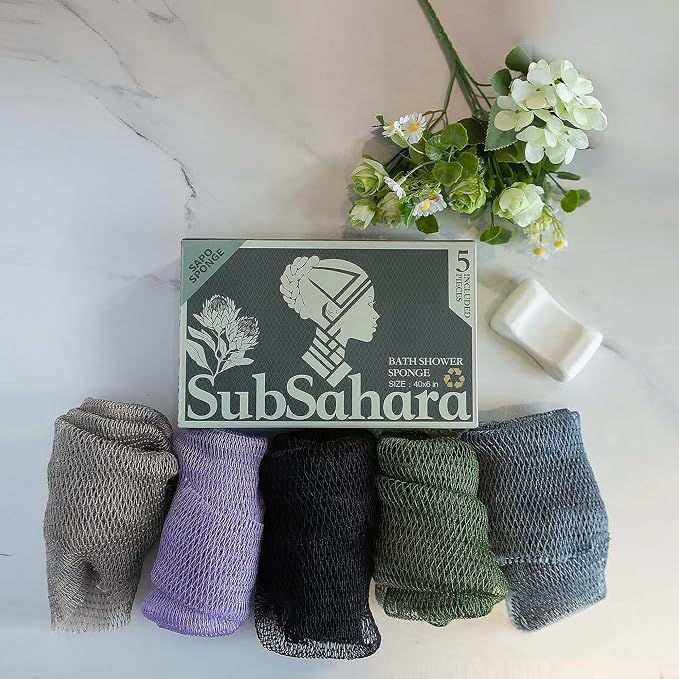 SubSahara Authentic African Net Sponge, 5 Pack 45-Inch Exfoliating Bath Sponge and Shower Loofah for Body and Back, Colorfast Quick-Dry Knotted Mesh Scrubber with Travel Pouch