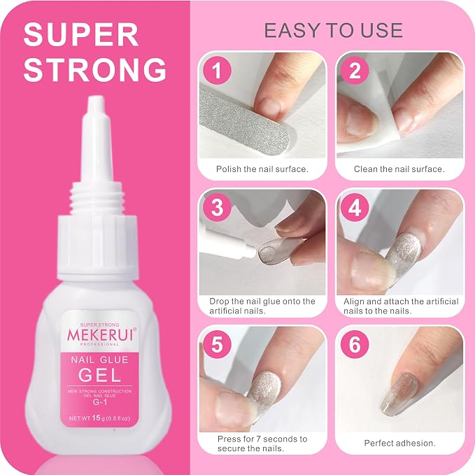 MEKERUI Nail Glue Gel 2 Pack – Super Strong Press On Nail Glue, Air Dry in 7 Seconds, No UV Lamp Needed, Thick Gel Formula for Long-Lasting False & Press-On Nails