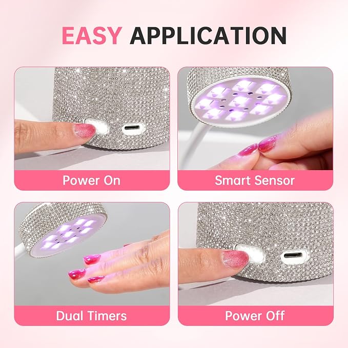 Flash Cure Nail Lamp, UV Nail Lamp for Gel Nails, Cordless Auto Sensor | 27W | Type-C | 1500mAh | Rhinestone | Mini Size | Easy to Carry | DIY Manicure | White Diamond