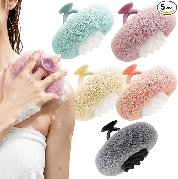 5 Packs Bath Sponge Shower Loofah, 2 in 1 Net Sponges with Suction Cup Hook | Rich Lather Net Sponges with Finger Rings, Soft & Skin-Friendly, Gentle Exfoliation, Deep Cleansing, Bath Ball for Women Men