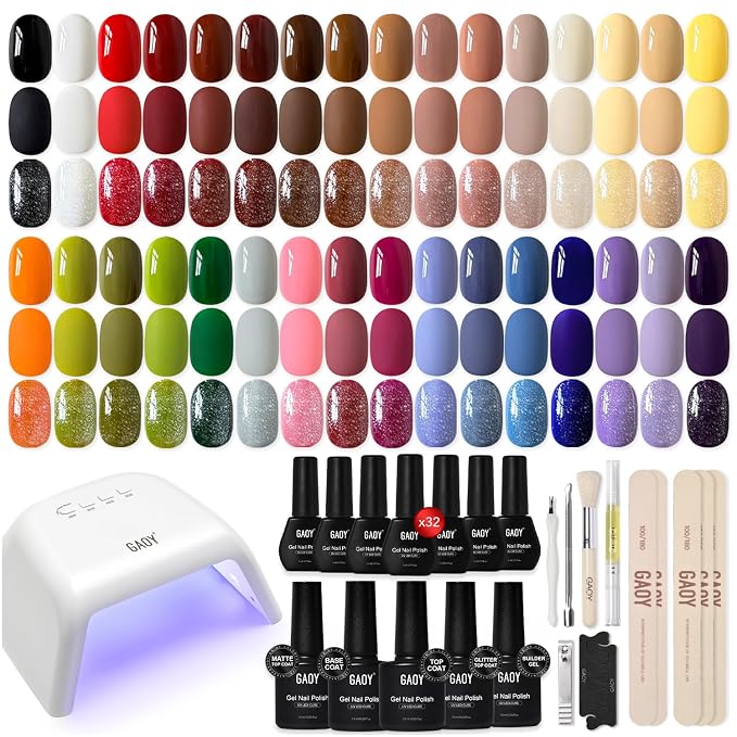 GAOY 37 Gel Nail Polish Set, 32 Colors Gel Nail Kit with UV Light At Home | Base Coat, Glitter Glossy Matte Top Coat, Builder Gel, Pigmented Color, Red Brown Green Blue Black White, Gifts for Women
