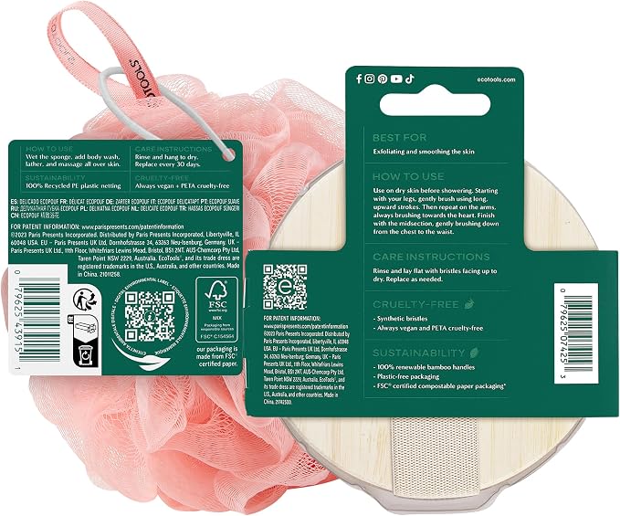 EcoTools Dry Body Brush for Circulation, Dead Skin Removal + Pink Delicate EcoPouf Made with Recycled Netting for Cleansing & Exfoliating Sensitive Skin, Self-Care Gifts