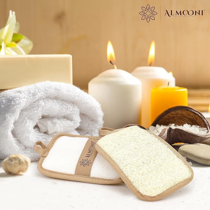 Almooni Natural Shower Loofah, Egyptian Exfoliating Sponge, 2 Pack | Natural Loofah Sponge, Rectangular Loofah Pad for Men & Women, Gentle Exfoliation for Face & Body, with Hanging Loop