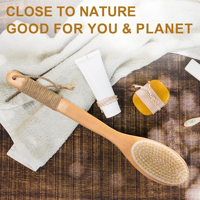 16.5 Inches Back Scrubber for Shower with Curved Long Handle,Wet&Dry Brushing Body Brush,Natural Bristles,Back Scrubber Bath Tool for Men & Women